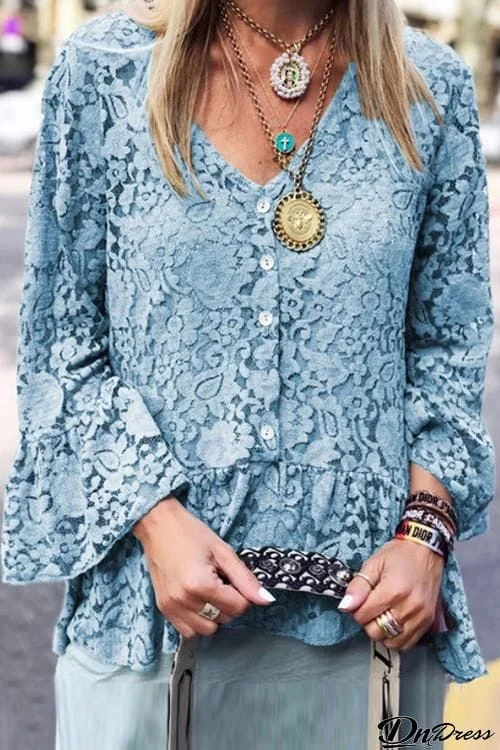 Lace Button Flares Sleeve T Shirt