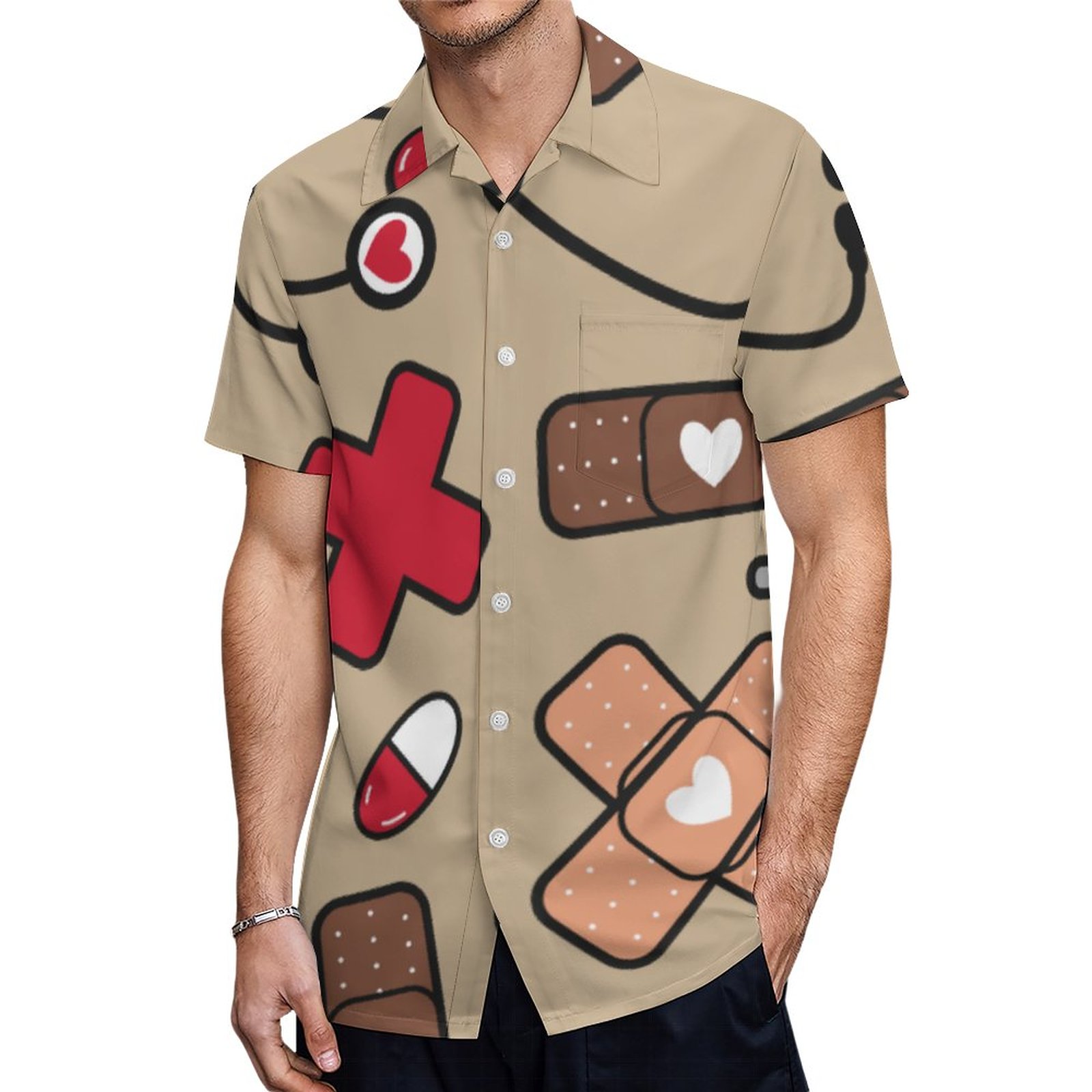 Red Blue Nurse Doctor Medical | Men's Hawaiian Vacation Aloha Button Down Shirt | Palm Hawaiian Shirt | Halloween Hawaiian Shirt | Hawaiian Tee Shirts For Men | Tropical Vacation