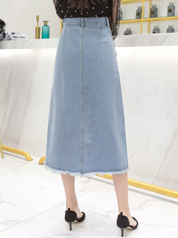 Nncharge Summer Lady Casual Empire Slim Split Denim Skirt Women Vintage High Street A-line Midi Denim Skirt