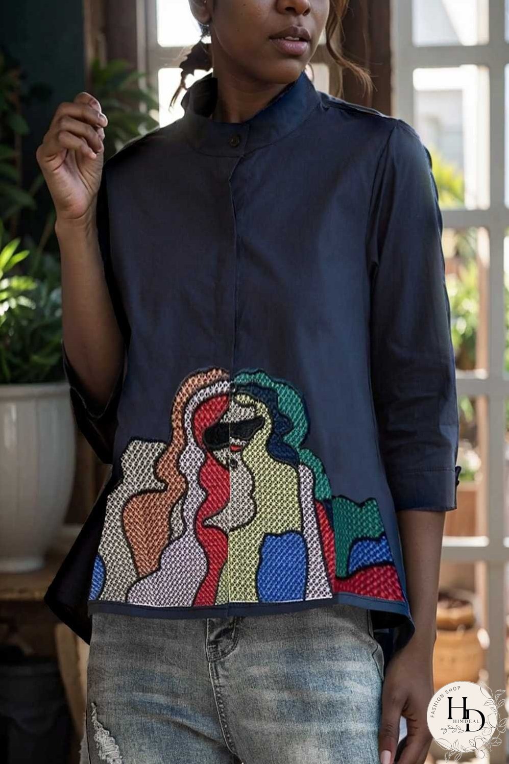 embroidered button mid sleeve casual blouse