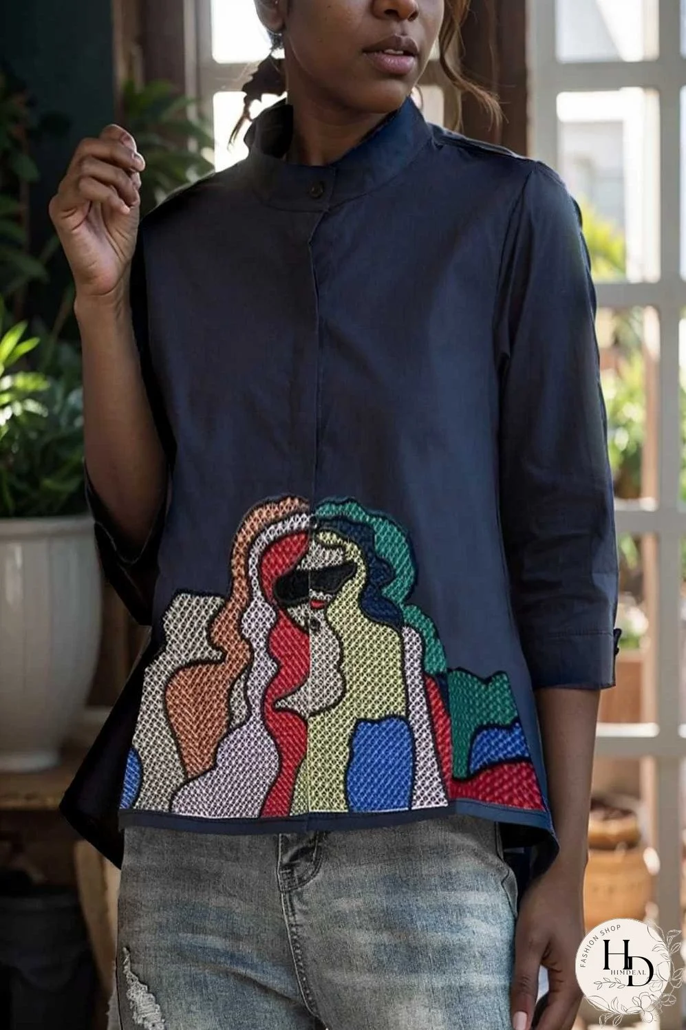 embroidered button mid sleeve casual blouse