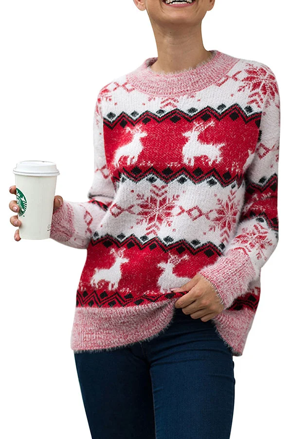 Snowflake Reindeer Christmas Pullover Jumper Red-elleschic