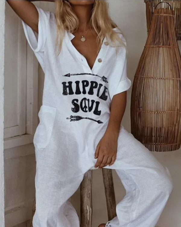 Casual Loose Letter Print Short Sleeve Jumpsuit