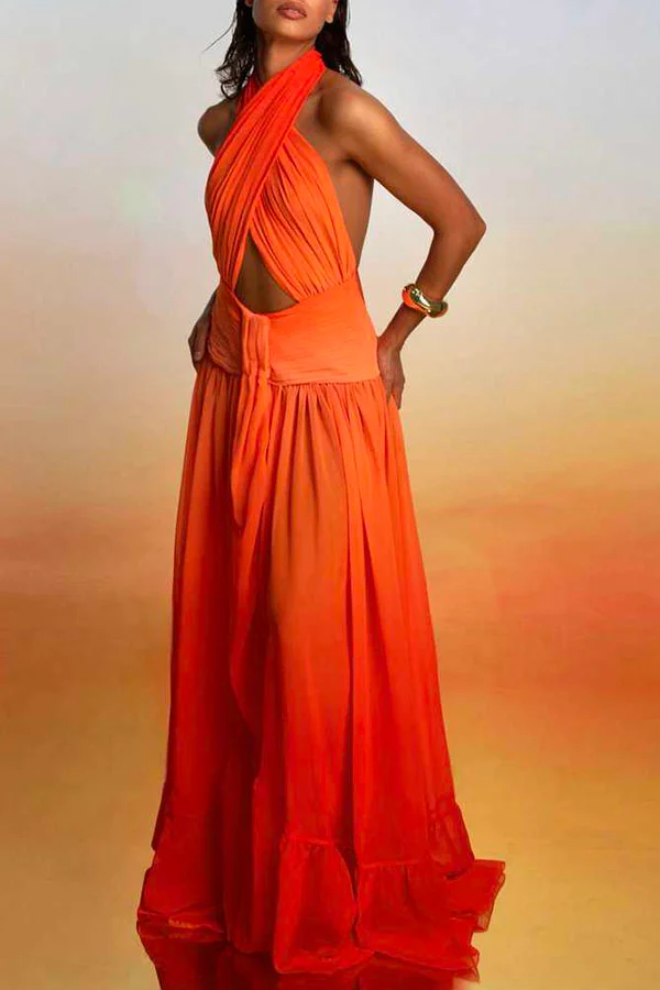 Sunset Glowing Gradient Print Cross Halter Neck Backless Vacation Maxi Dress