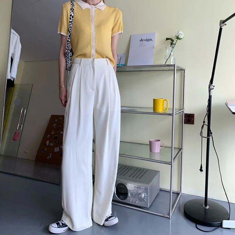 Jangj Solid High Waist Suit Wide Leg Pants Spring Summer Dangling Fashion Pants Korean Style Casual Straight Pants for Female