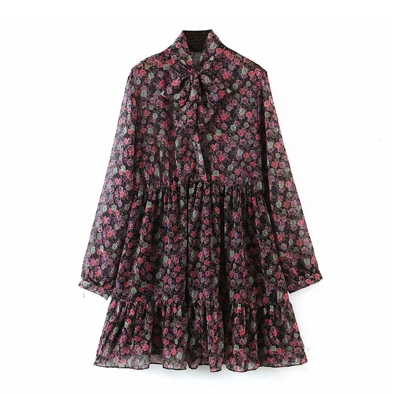 Aachoae Women's Floral Dress Bow Tie Neck Vintage Pleated Dress See Through Sleeve Print Mini Dress Casual Sundress Vestidos