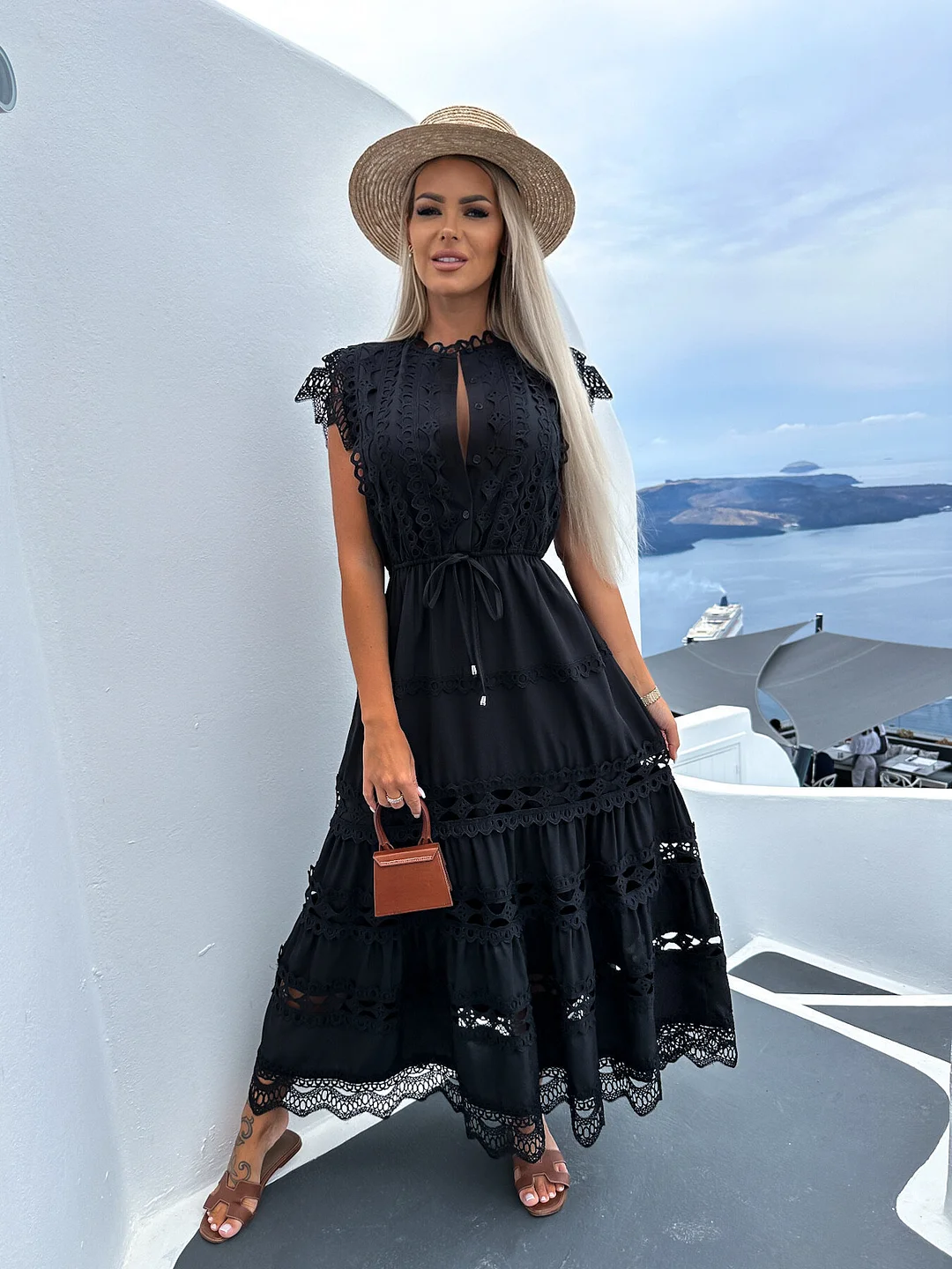 Brownm Brownm Women's New Fashion With Waist Lace Splicing Long Dress