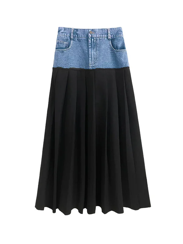 Contrast Color Pleated Split-Joint A-Line High Waisted Skirts Bottoms