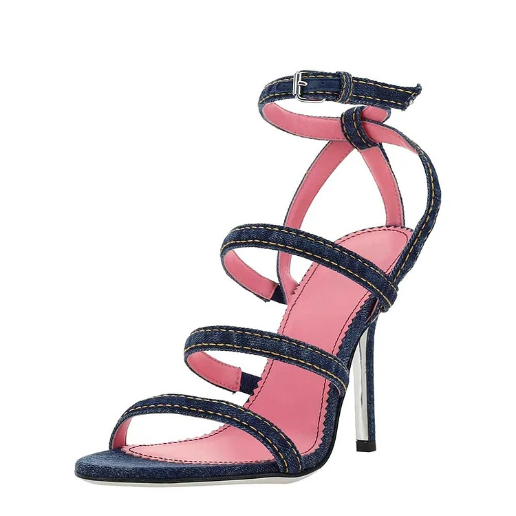 Blue Denim Open Round Toe Ankle Strap Heeled Sandals with Front Ties |FSJ Shoes