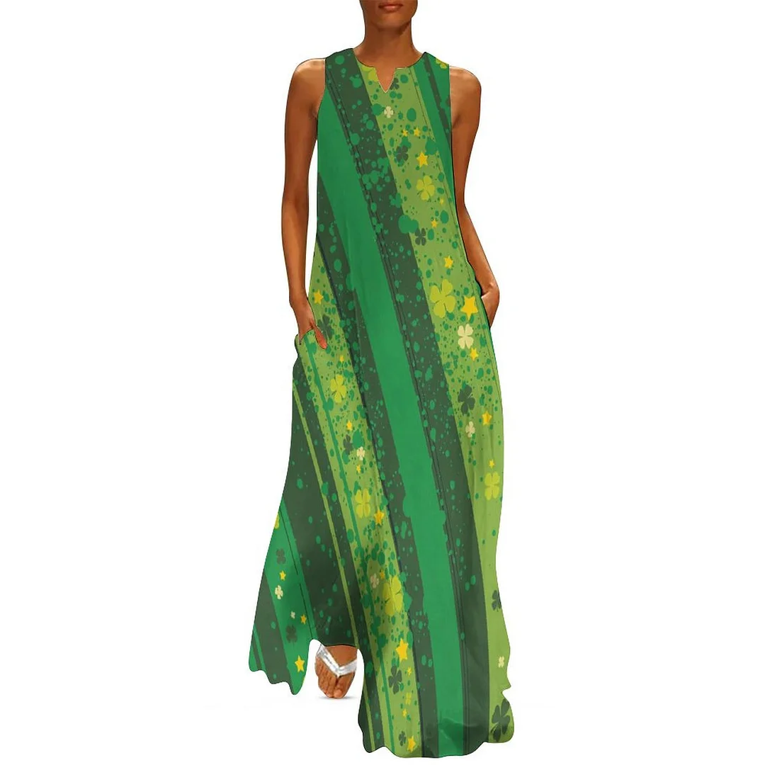 Style & Comfort for Mature Women Plus Size Printed Sleeveless Casual Women Maxi Dress with Pockets in Pattern St. Patrick's Day, Green, Clover, Lucky