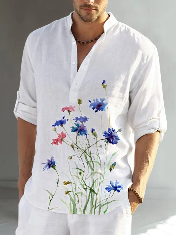 Floral cotton linen men's long sleeve casual shirt