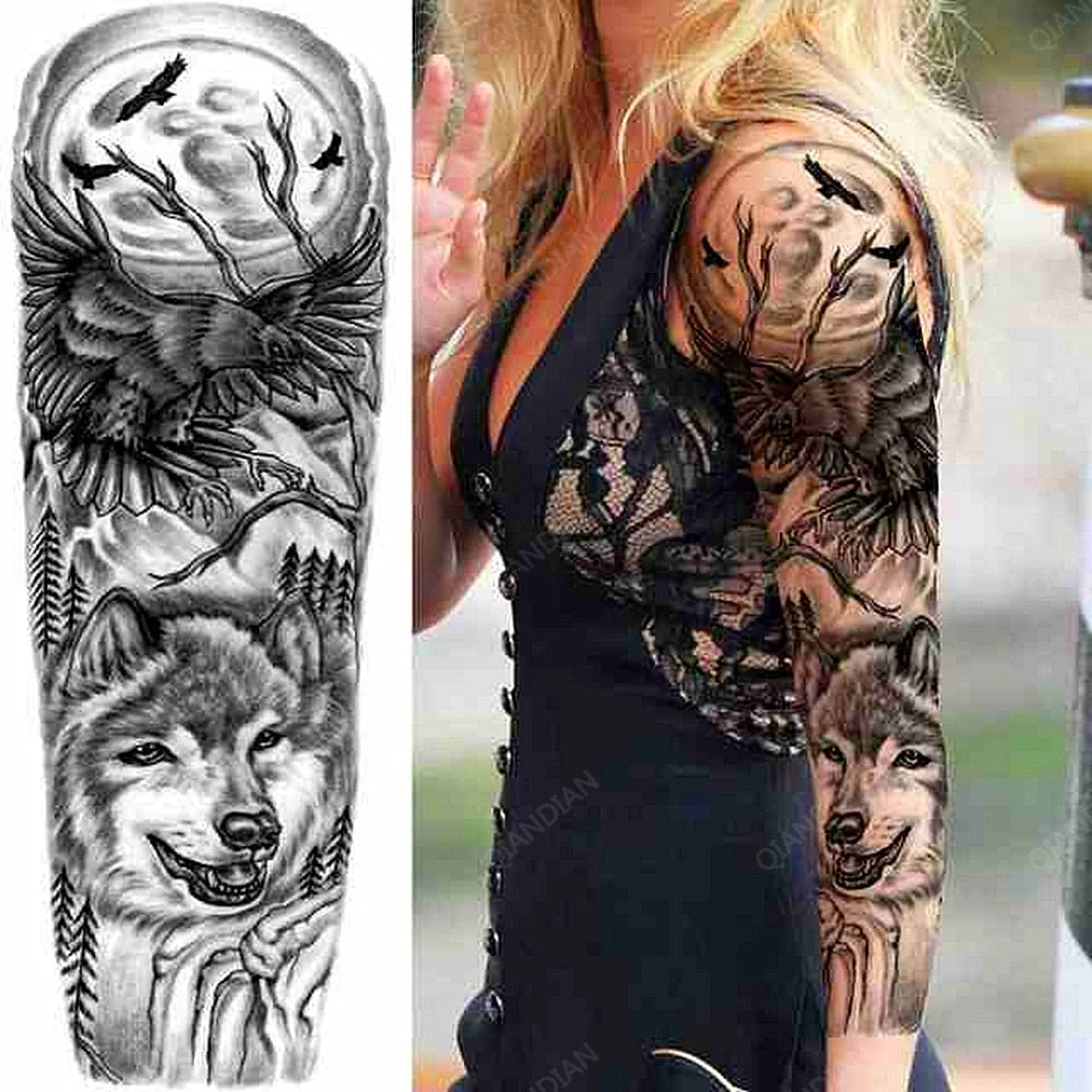 Large Arm Sleeve Tattoo Rose Lion Wolf Waterproof Temporary Tatto Sticker Flower Clock Waist Leg Body Art Full Fake Tatoo Women