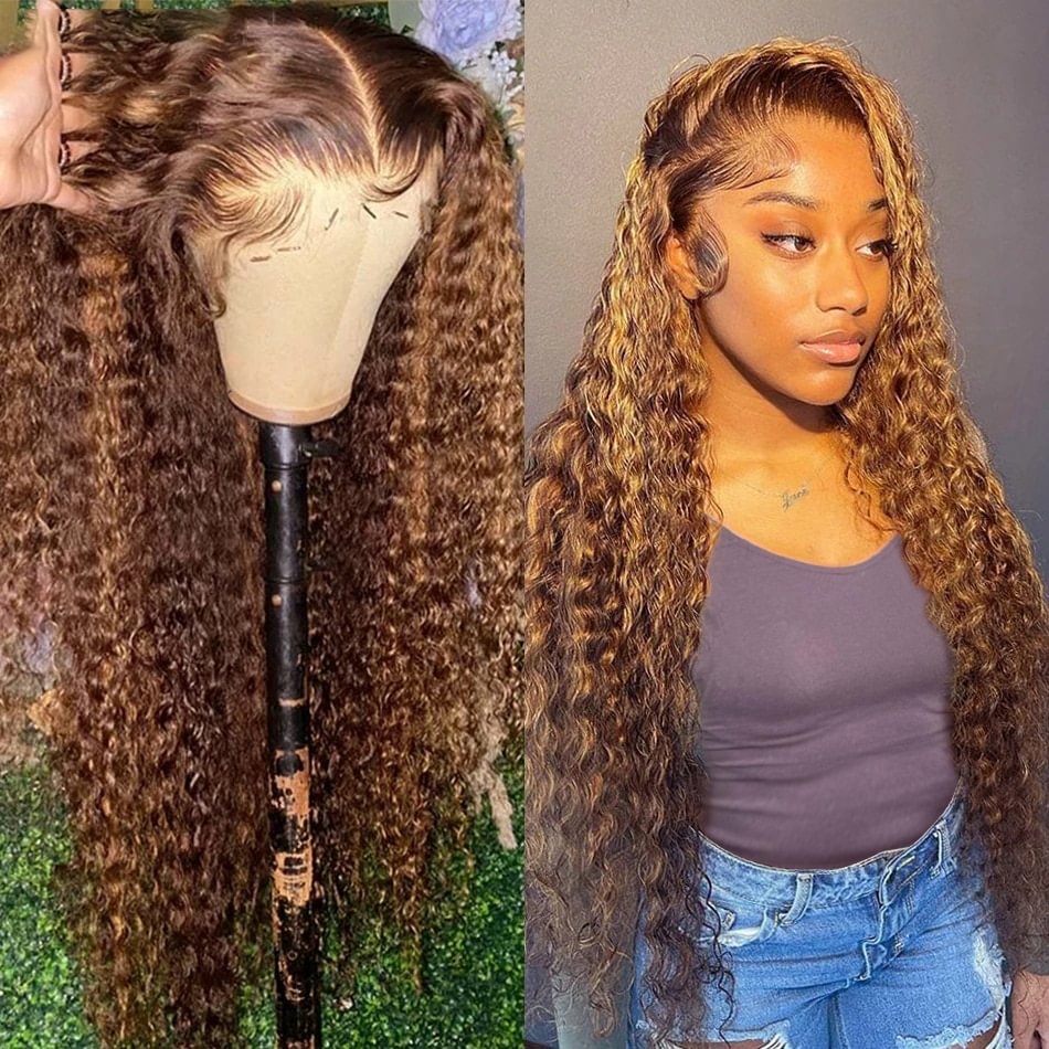 30 Inch Highlight Honey Brown Curly Lace Front Human Hair Wigs 13x6 13x4 Remy Ombre Colored Deep Wave Lace Frontal Wig For Women US Mall Lifes