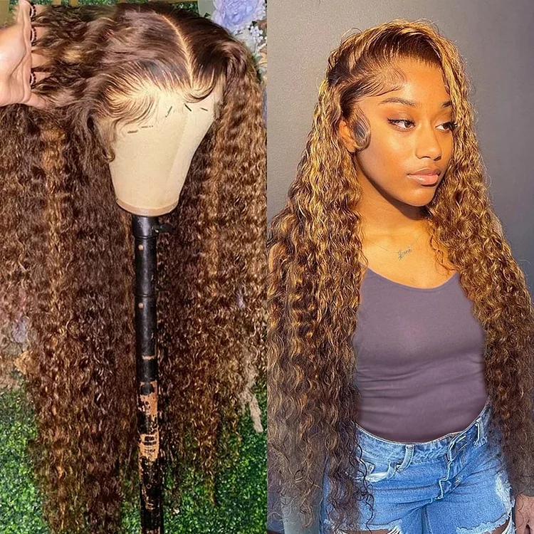 Highlight Honey Brown Curly Lace Front Human Hair Wigs