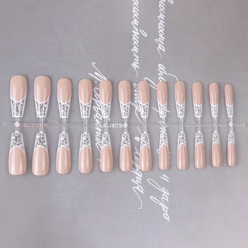 24Pcs/Box Heart Long Coffin False Nails Designs Ballerina White Love Pattern Fake Nails Full Cover Nail Tips Press on Nails