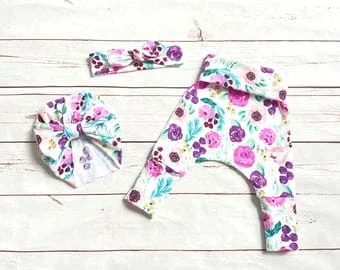 Pornhint Purple Floral Baby Pants and Hat, Girl Grow With Me Pants, Turban Bow Hat, Newborn Outfit, Baby Pants and Headband Set, Baby Leggings Canada