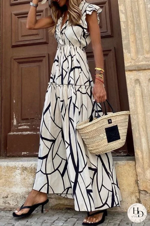 Geometric Print V-neck Ruffle Midi Dress
