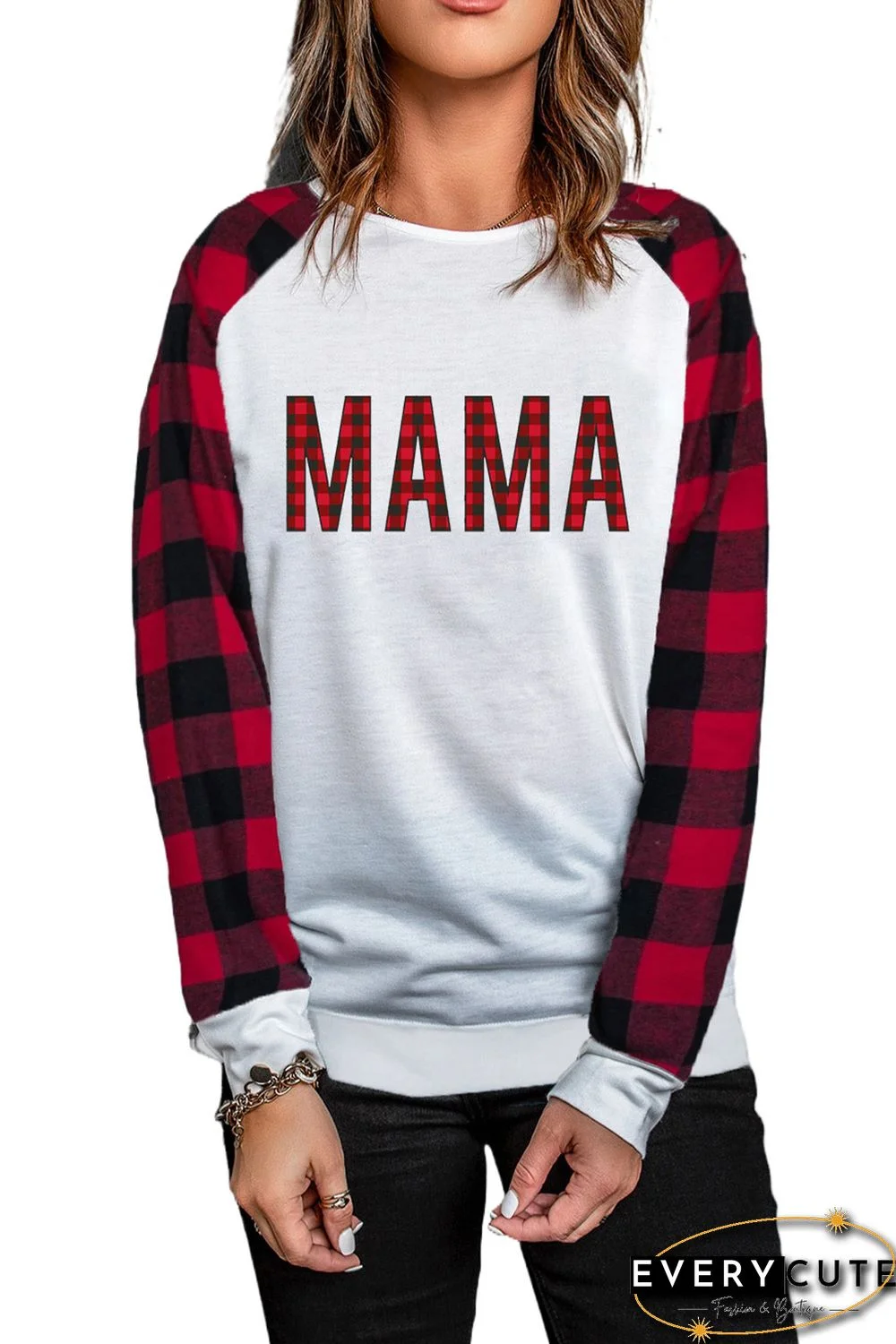 White Buffalo Plaid Raglan Sleeve Patchwork Top