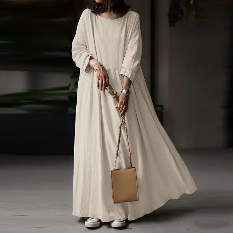 ZANZEA 2022 Elegant Solid Dress Women's Spring Sundress Casual Long Sleeve Pleated Maxi Vestidos Female Cotton Robe Oversized