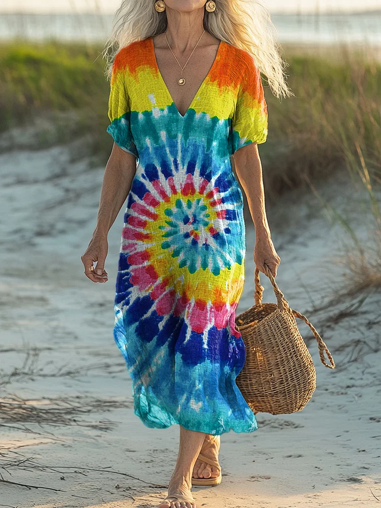 Women's Gradient Art Print Short Sleeve Pocket Cotton Linen Dress