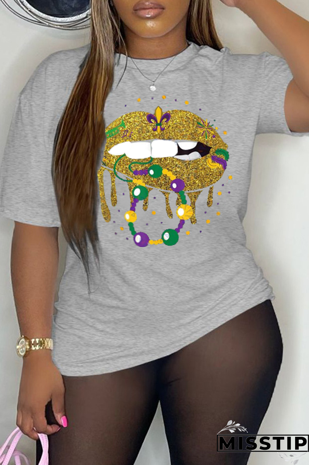 Red Party Vintage Lips Printed Patchwork O Neck T-Shirts