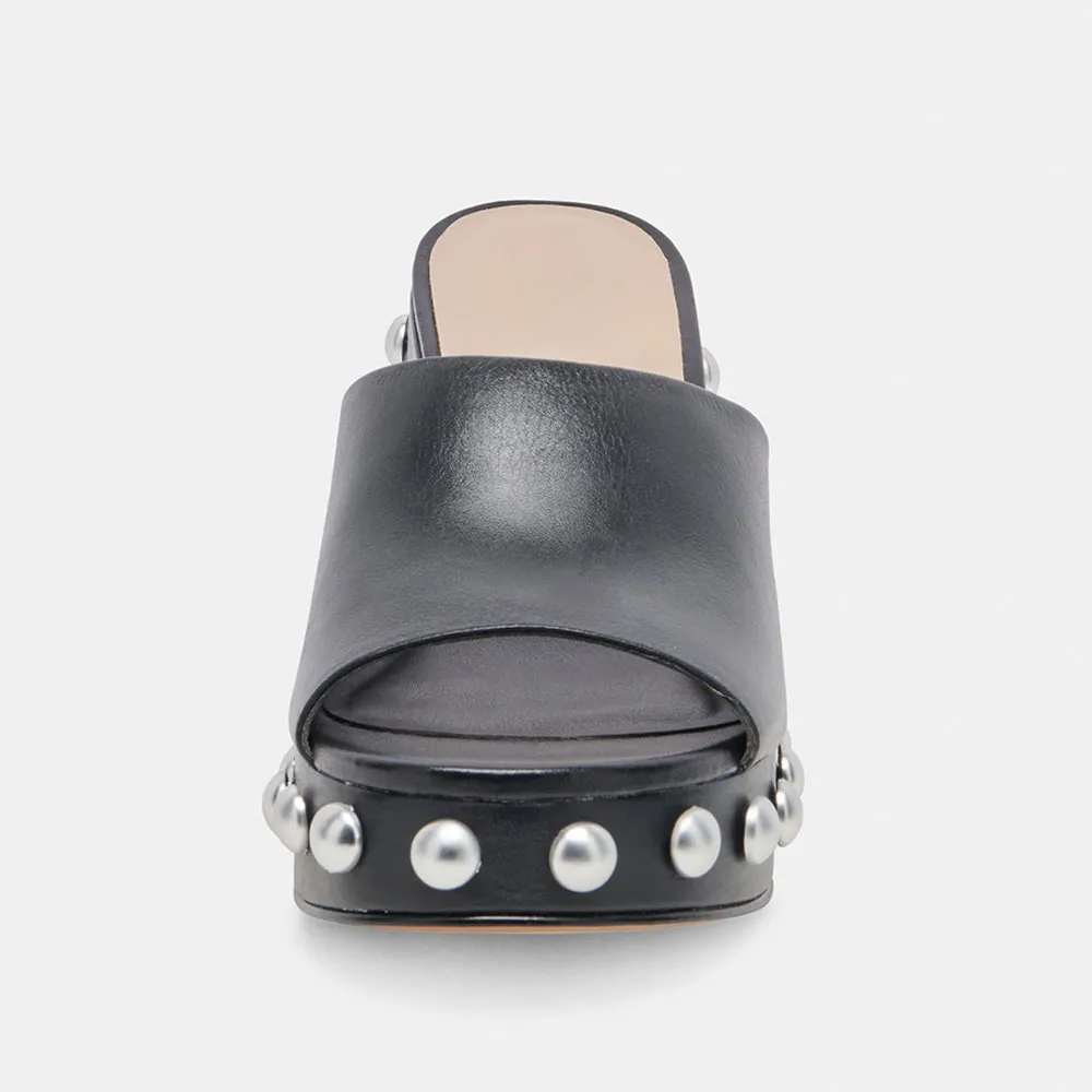 Black Round Toe Chunky Heel Platform Mules Shoes with Studded
