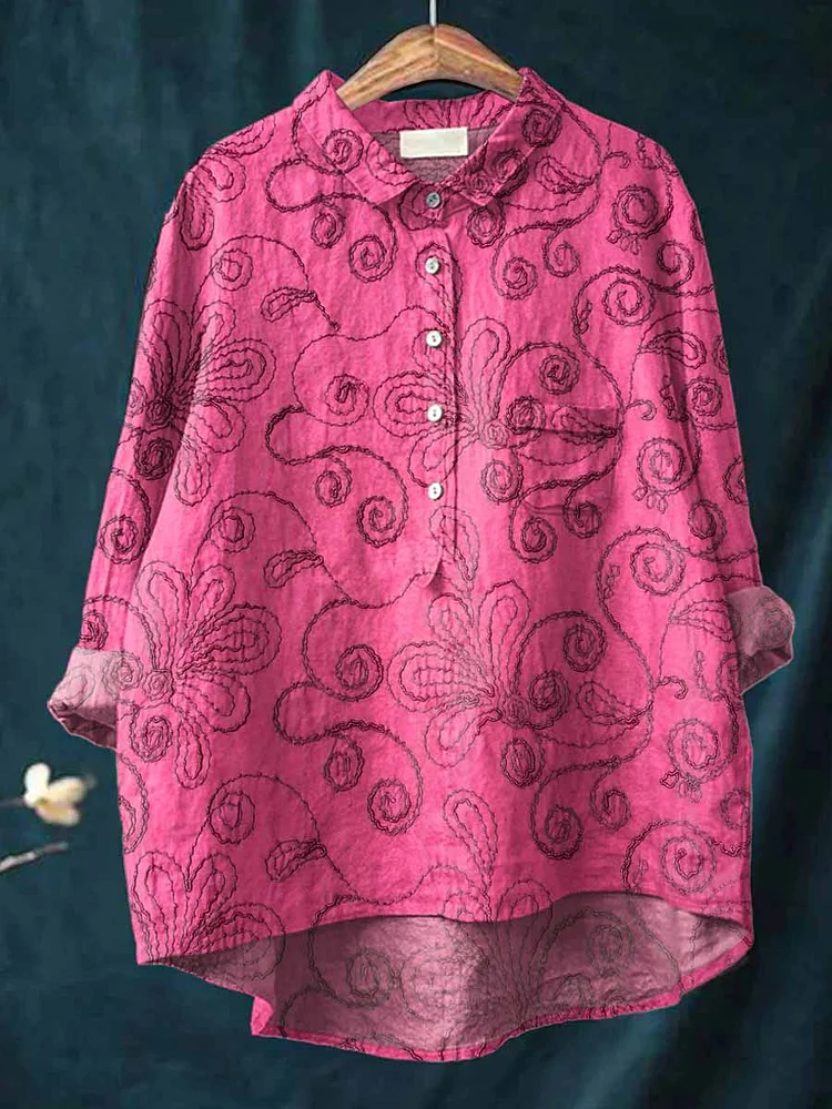 Women's  Artistic Retro Floral Casual Cotton And Linen Shirt