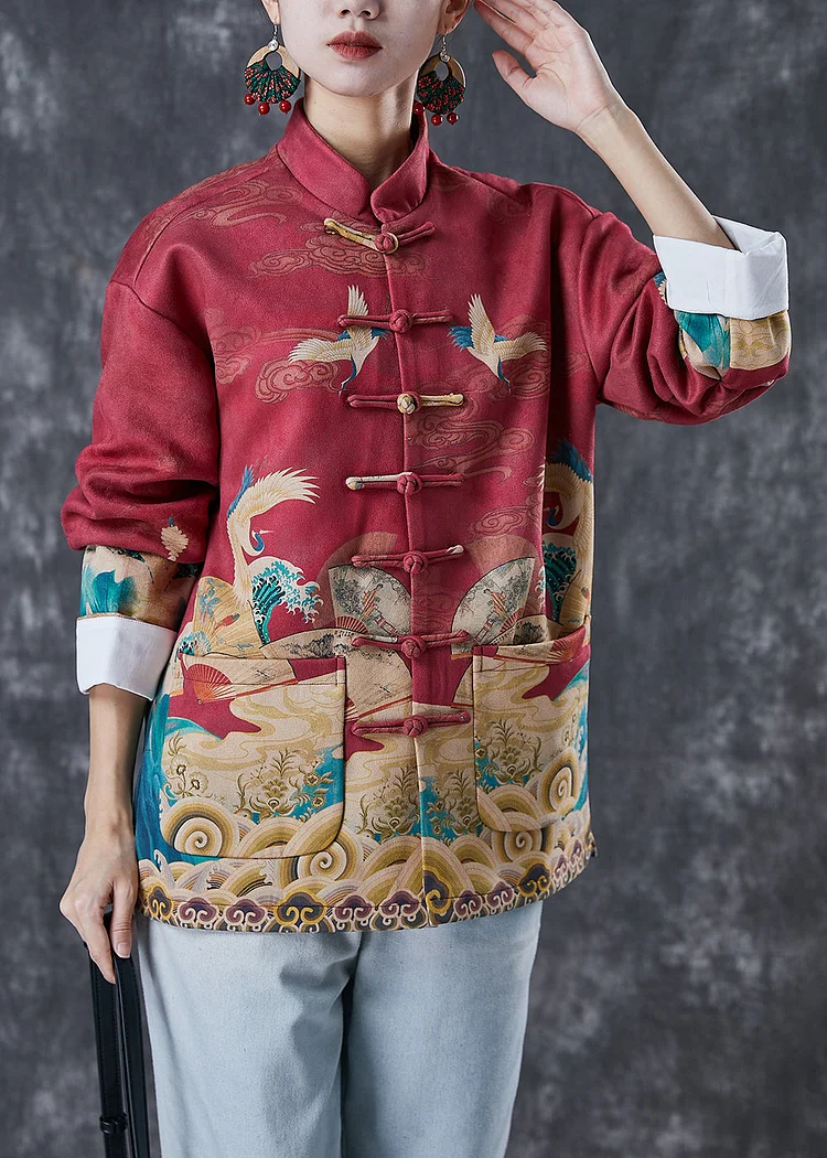 Vintage Red Mandarin Collar Print Cotton Shirt Top Spring