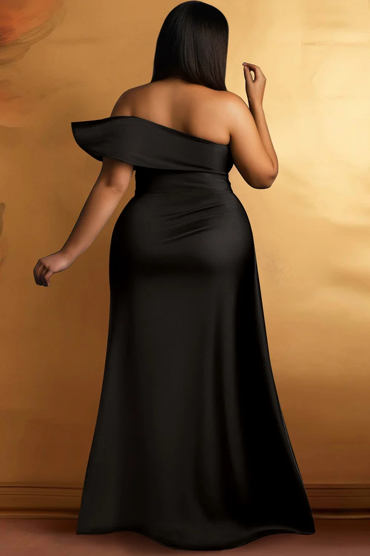 Xpluswear Design Plus Size Formal Gold Floral One Shoulder Satin Maxi Dresses [Pre-Order]