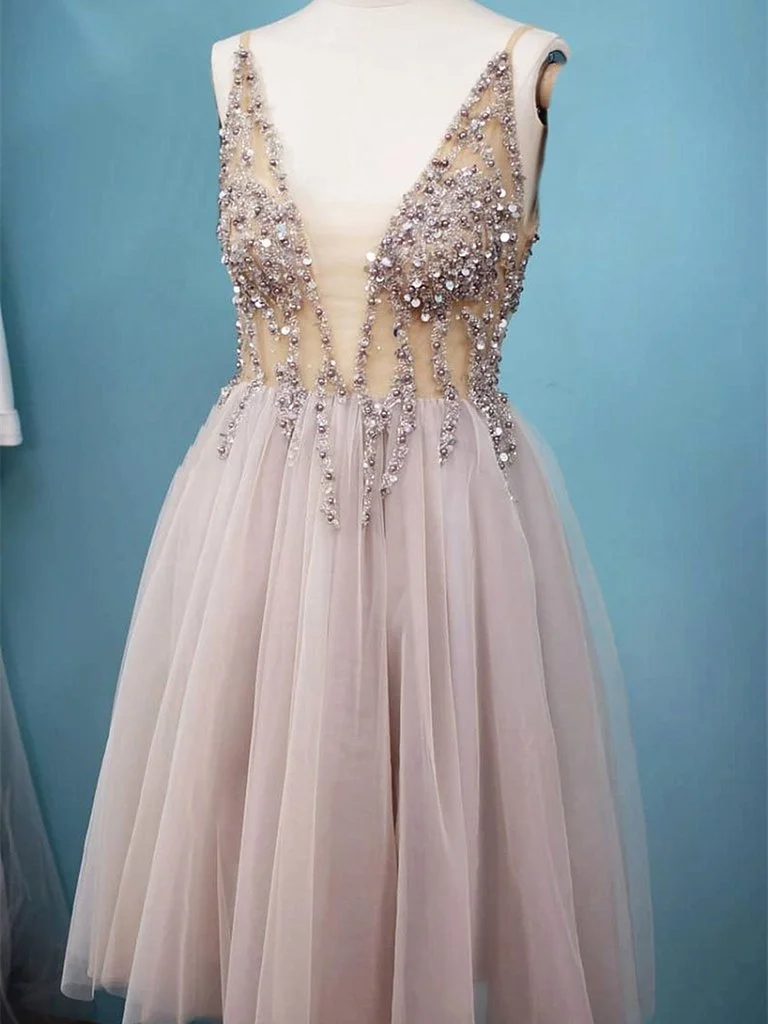 A Line V Neck Short Beaded Prom Dresses Short Formal Homecoming Dress with Beading