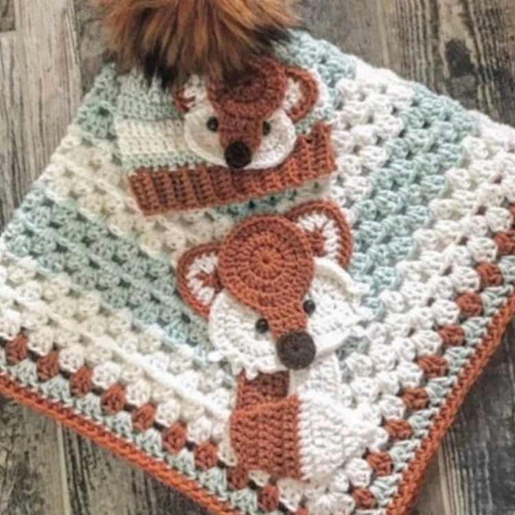 Lulusnow Handmade Coral Blue Fox Baby Blanket  Crochet Animal Baby Blanket Gifts For Baby 