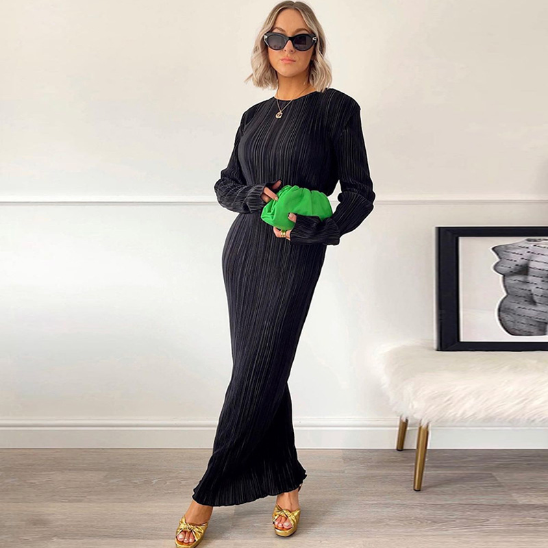 Ootddress Fashion Long Sleeve Loose Dress For Women Ribbed Casual Elegant Slim High Waist Streetwear Solid Ruffled Ladies Dress 2025