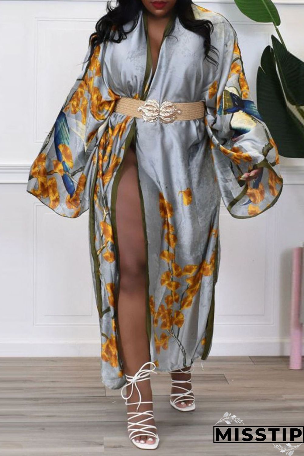 Red Fashion Casual Print Patchwork Outerwear(Without Belt)