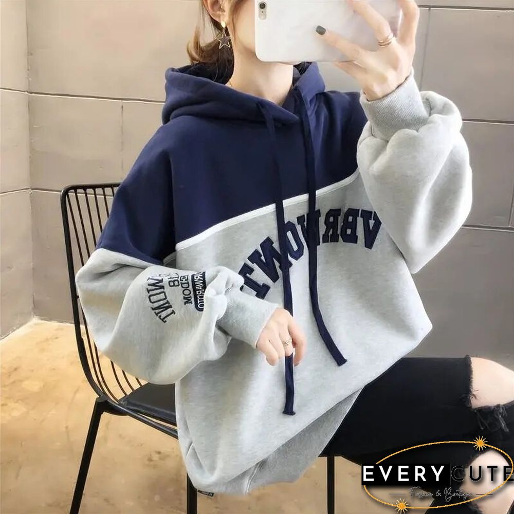 Autumn Loose Hoodies Women Print Letter Sweatshirts Vintage Patchwork Pullover Casual Long