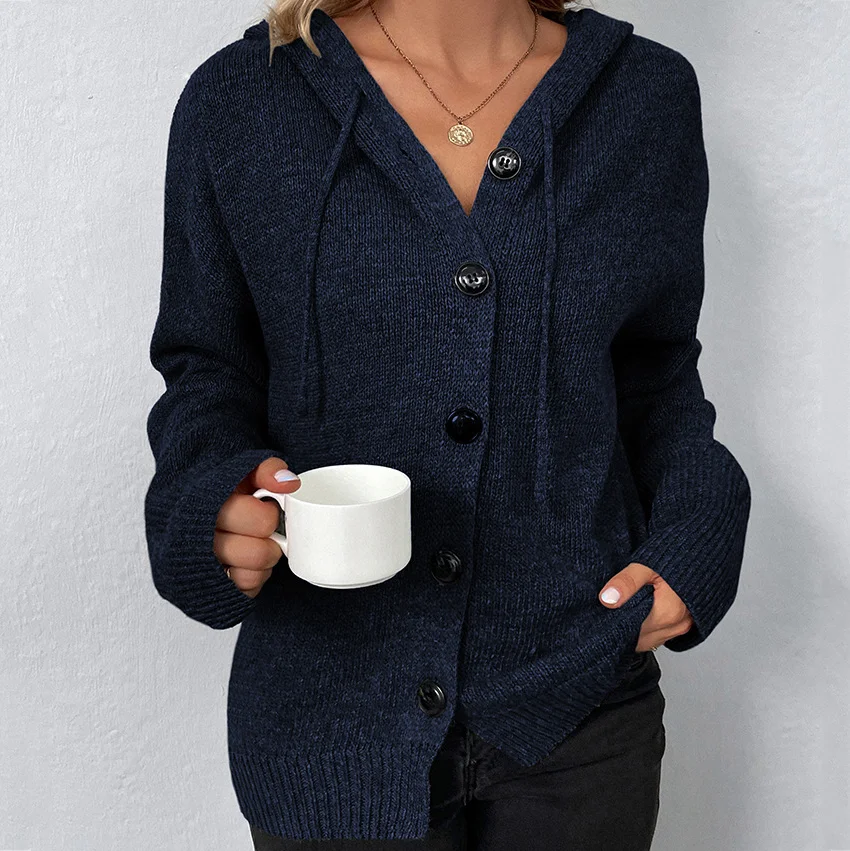 Solid Color Single Breasted Hooded Drawstring Sweater Cardigan
