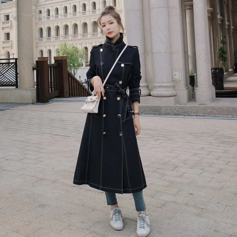 Fashion New England Style Slim Long Women Trench Coat Black Double-Breasted Office Lady Duster Coat Female Outerwear Clothes