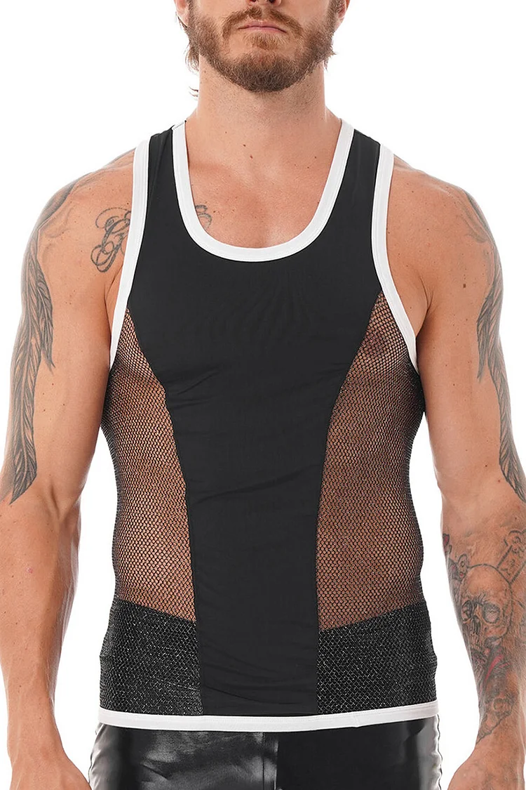 Casual Fishnet Patchwork See Through Colorblock Tank Top [Pre-Order]