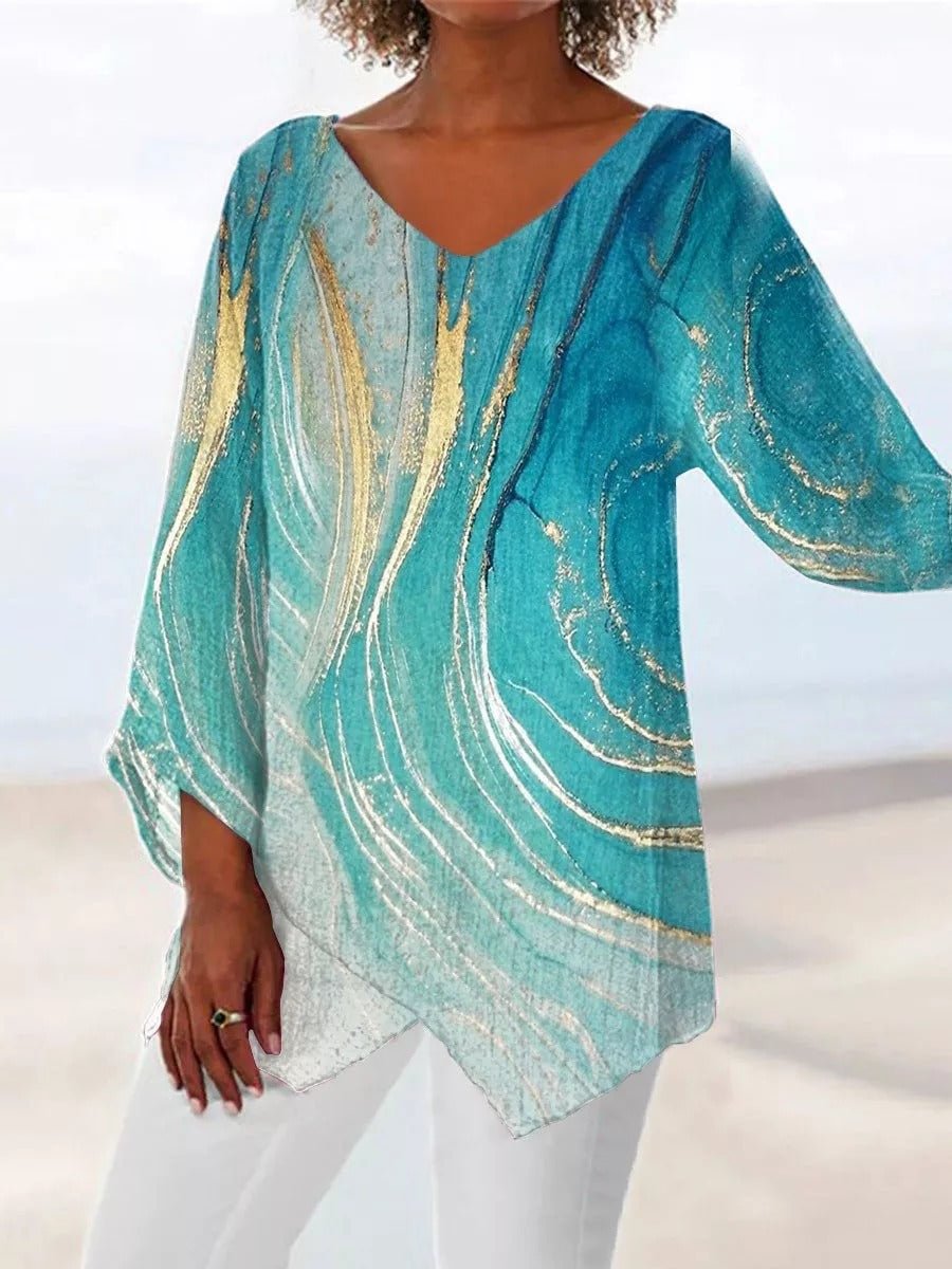 V-Neck Cropped Sleeve Loose T-Shirt