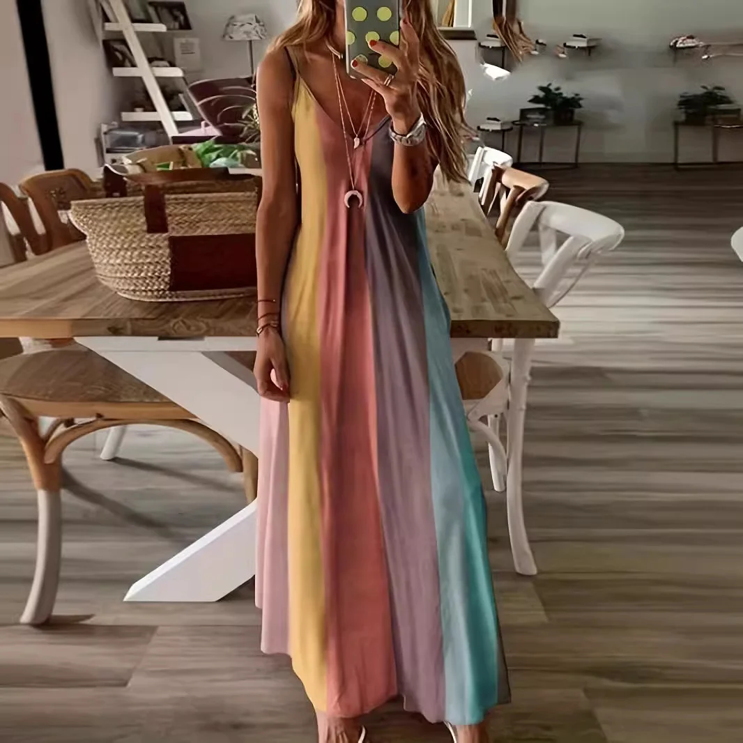 Churchf Churchf Women's Long Dress Slim Dazzle Color Slip Dress Gradient New Print Women's Dress