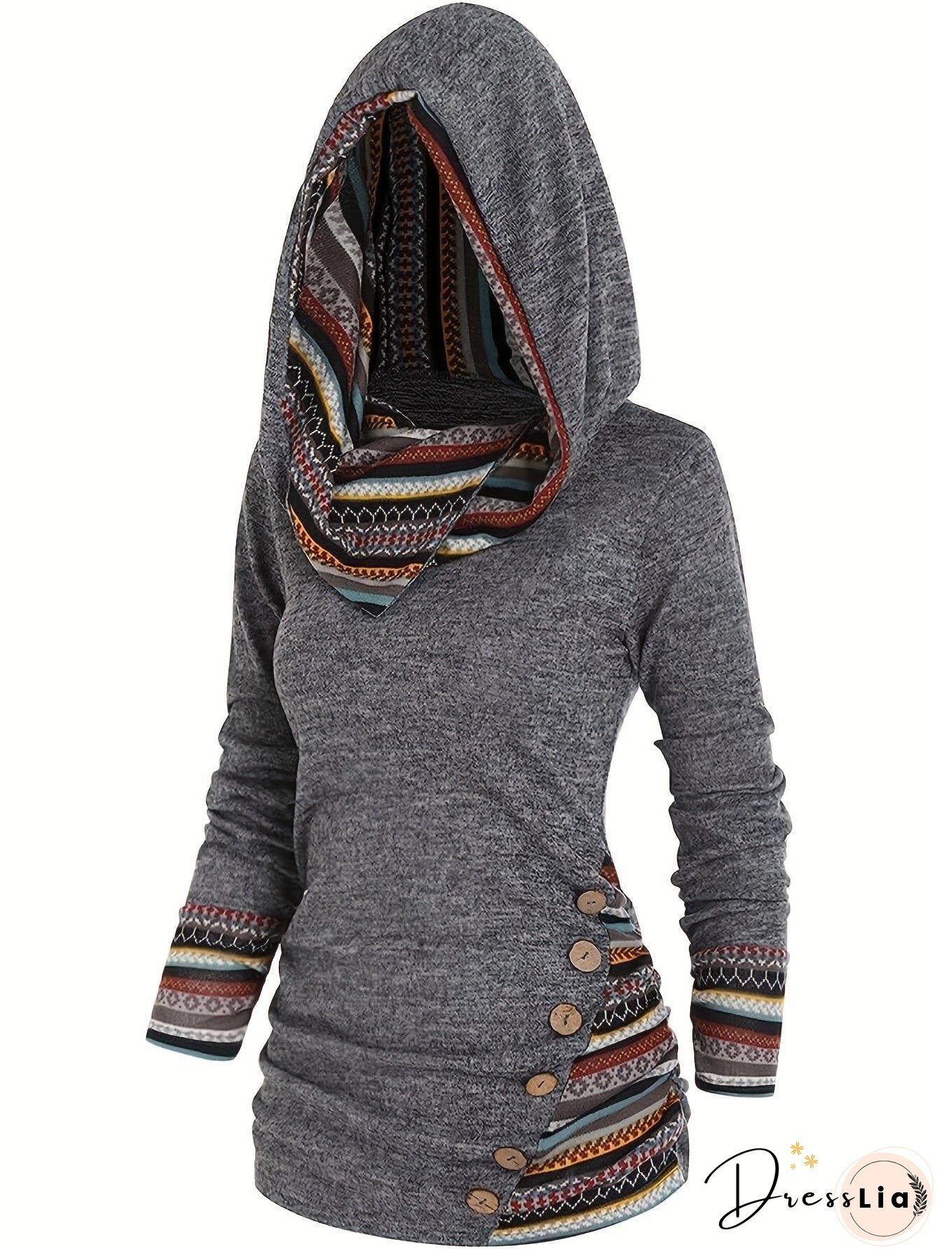 Casual Stripe Splicing Button Decor Long Sleeve Hoodie