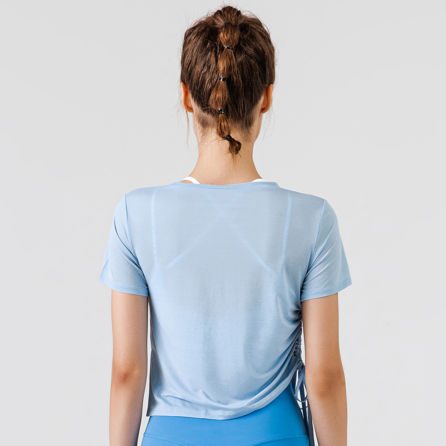 Buy different colors and types of short sleeve round neck see through side drawstring running t shirts for women on Hergymclothing Sky Blue