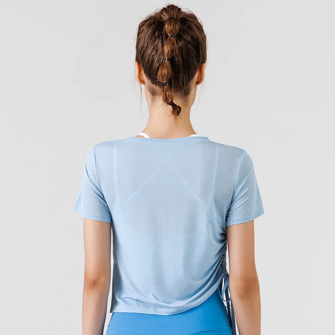 Buy different colors and types of short sleeve round neck see through side drawstring running t shirts for women on Hergymclothing Sky Blue