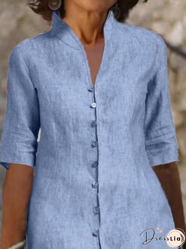 Shirt Dress Casual Dress Cotton Linen Dress Midi Dress Cotton Blend Basic Modern Outdoor Daily Vacation Stand Collar Button Half Sleeve Summer Spring Fall Loose Fit Blue Plain S M L XL for Women