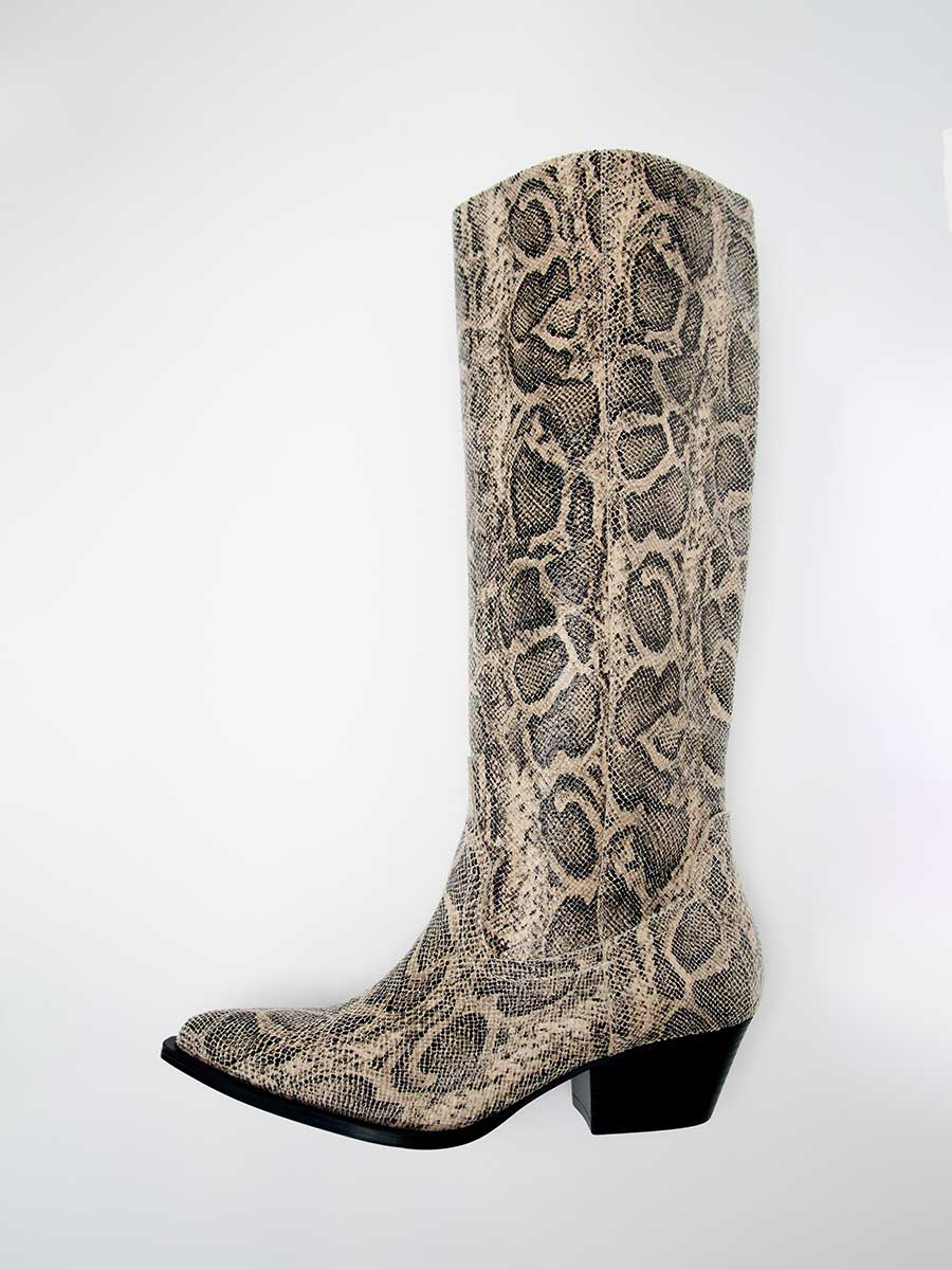 Women's Python Snip Toe Wide Calf Knee High Cowgirl Boots with Chunky Heels