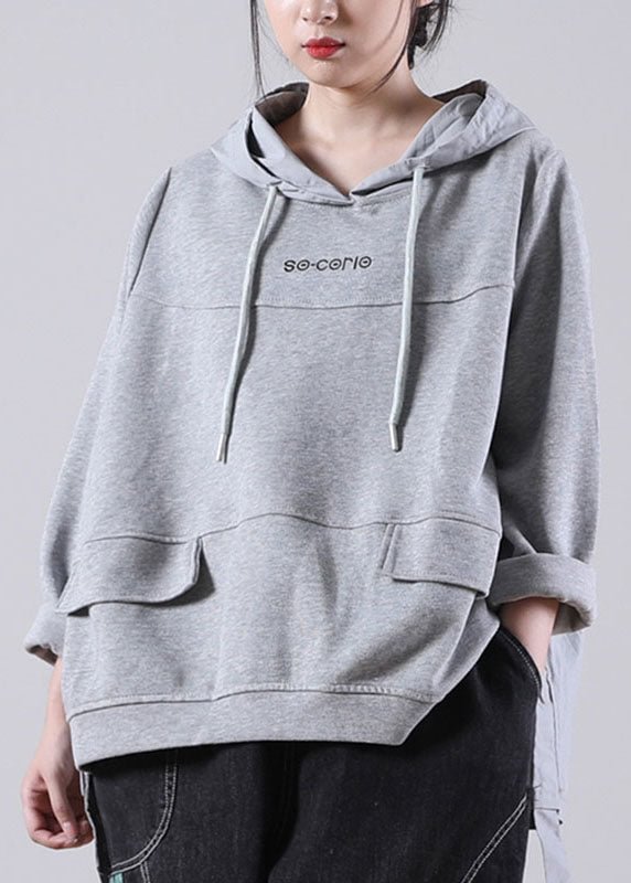 Comfy Grey Hooded drawstring Graphic Fall Patchwork Sweatshirts Top CK1146- Fabulory