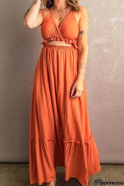 Ruffle Hem Cutout Slip Maxi Dress