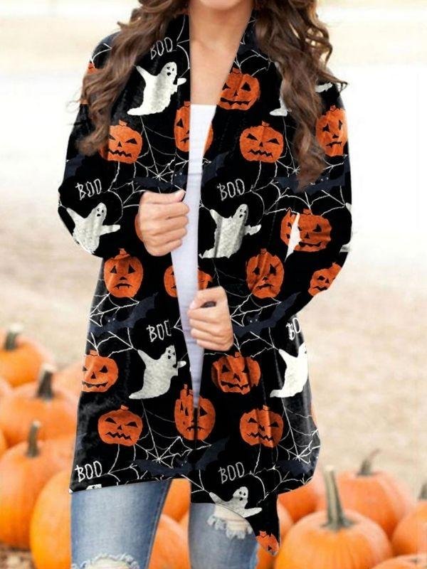 Halloween Pumpkin Ghost Printed V-neck Daily Cardigan Coats