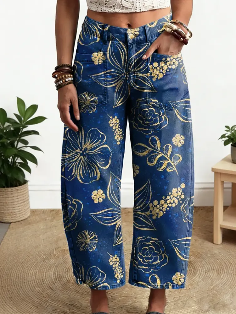 Women's Vintage Floral Pattern Art Print Casual Cotton Denim Pants