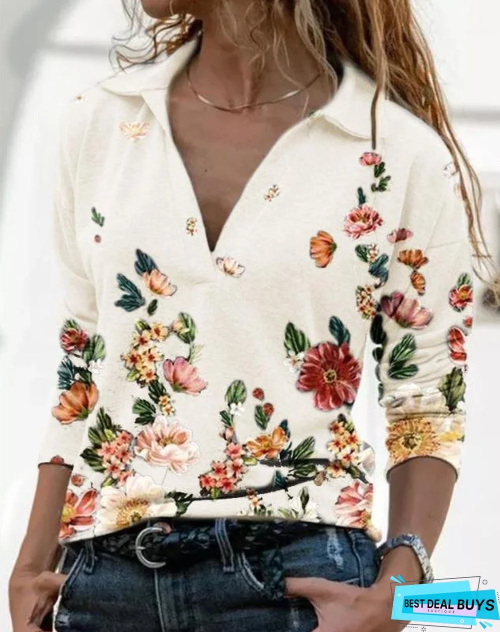 Froral Simple Cotton Casual V Neck shirt & Top