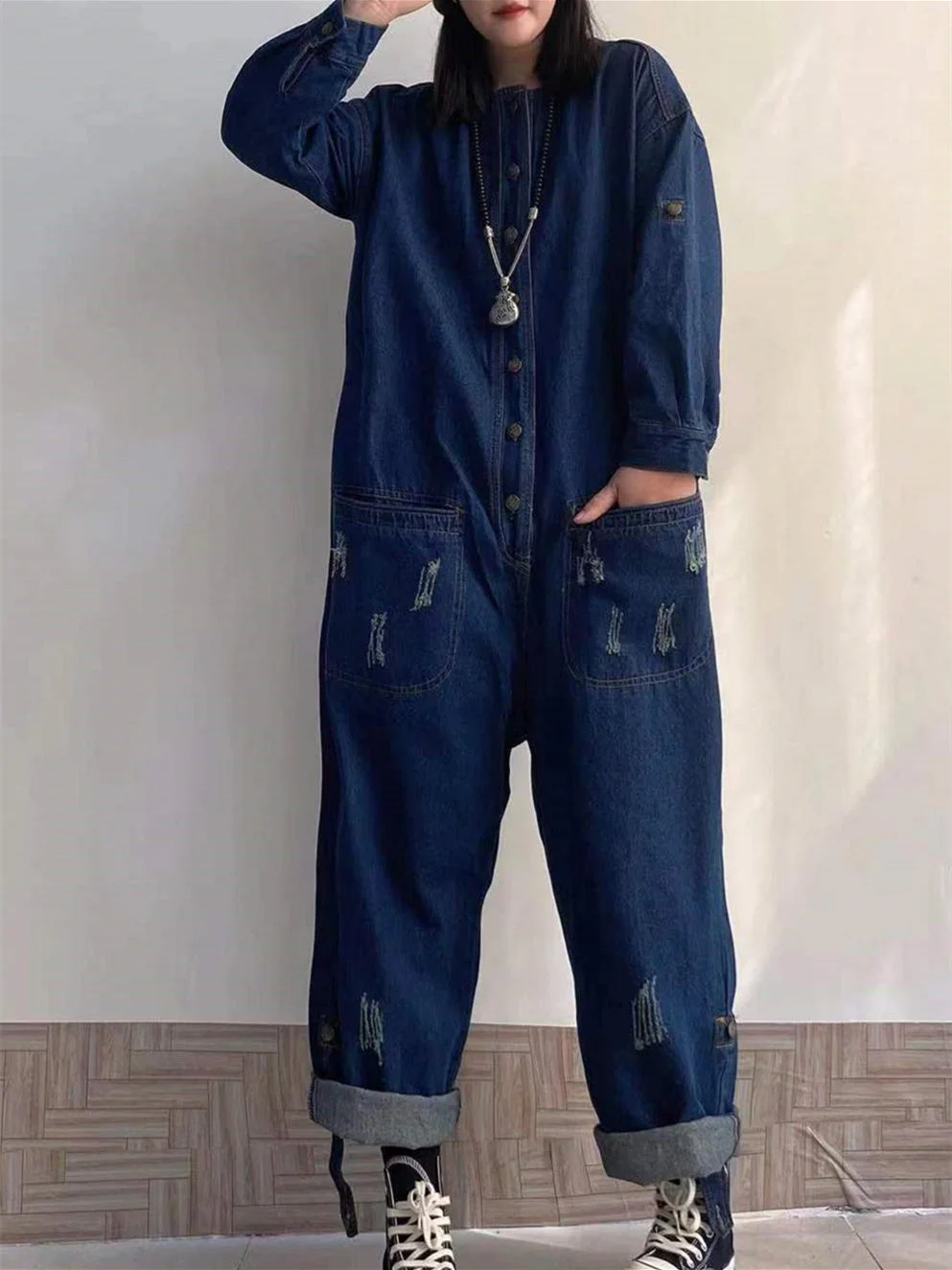 Women's Retro Washed Distressed Loose Jumpsuit